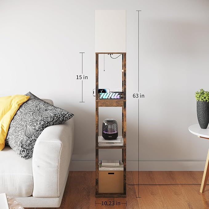 SUNMORY Floor Lamp with Shelves, Modern Dimmable Standing Lamp with Drawer & 2 USB Ports & 2 Power Outlet, Corner Tall Shelf Lamp for Living Room and Bedroom (Rustic Browm) | 1 Drawer & 2 USB Ports & 2 Power Outlet, 3 CTT Bulb, Modern Dimmable Standing...