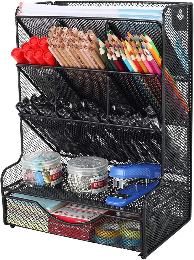 Desk Organizer with Drawer Office Supplies and Accessories Storage Caddy Hanging Wall Shelf Metal Mesh Pencil Holder for Kids, 9 Compartments, Black