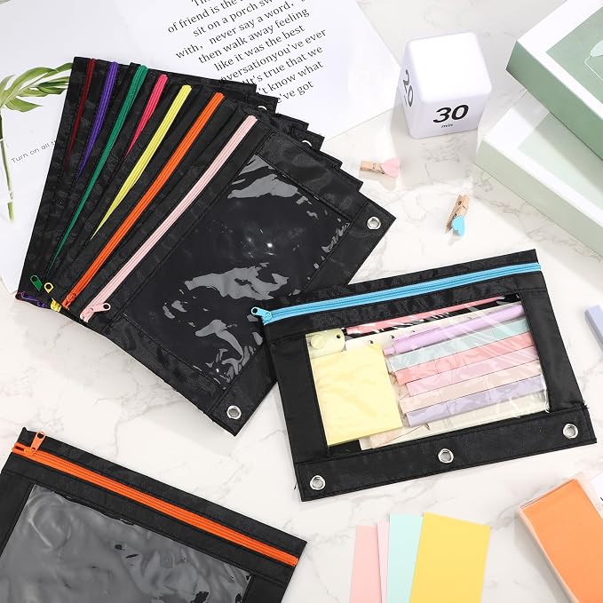Leinuosen 64 Pack Black Pencil Pouch Bulk for 3 Ring Binder, Pencil Case with Colored Zipper and Clear Window Storage Bag for Office, Back to School Classroom Supplies