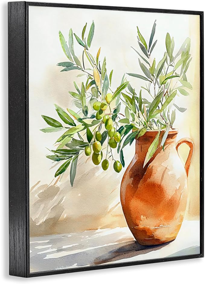 'Olive Branch in Terracotta Vase'| Framed Giclee Art | Stupell Industries | Black, 11 x 14 Inches, Easy to Hang and Sturdy, Made in USA, by LSR Design Studio