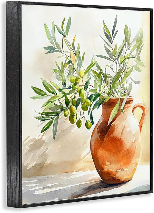 'Olive Branch in Terracotta Vase'| Framed Giclee Art | Stupell Industries | Black, 11 x 14 Inches, Easy to Hang and Sturdy, Made in USA, by LSR Design Studio