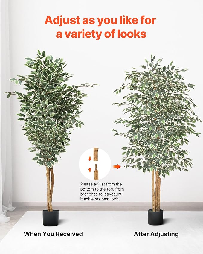 VEVOR 6FT Artificial Ficus Tree with Black Pot, Tall Faux Ficus Plant with Natural Wood Trunk and Realistic Green Leaves, Indoor Fake Silk Tree for Home, Office, Living Room, or Corner Décor