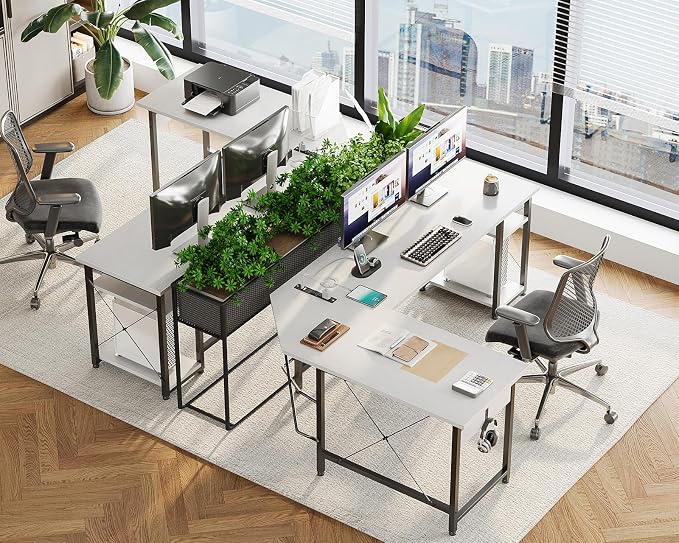 Coleshome L Shaped Computer Desk 66" with Power Outlet & Storage Shelves, Corner Sturdy Writing Desk Workstation, Modern Wooden Office Gaming Desk, Wood & Metal, White