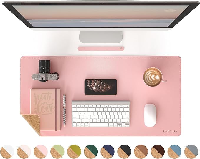 RENMTURE Dual-Sided Mouse Pad, Natural Cork & PU Leather Large Desk Pad for Office and Home Work, Desk Protector Non-Slip, Waterproof, Easy Clean (Pink, 32"x16")