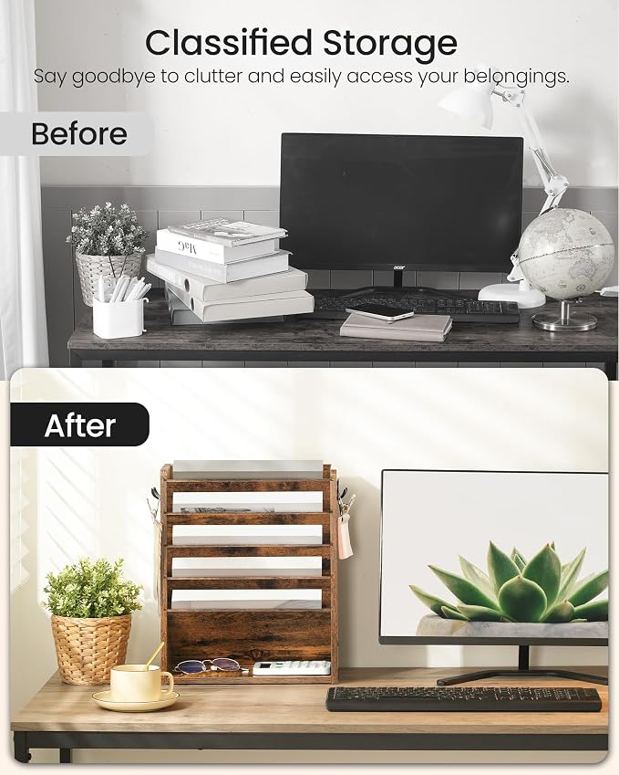 Wall File Organizer, 6-Tier Vertical Mount Hanging Holder with 2 Side Hooks, Vintage Wooden Magazine Storage Crate with Bottom Flat Tray, Desk Organizer, for Office, Home, Rustic Brown MWJ01FG