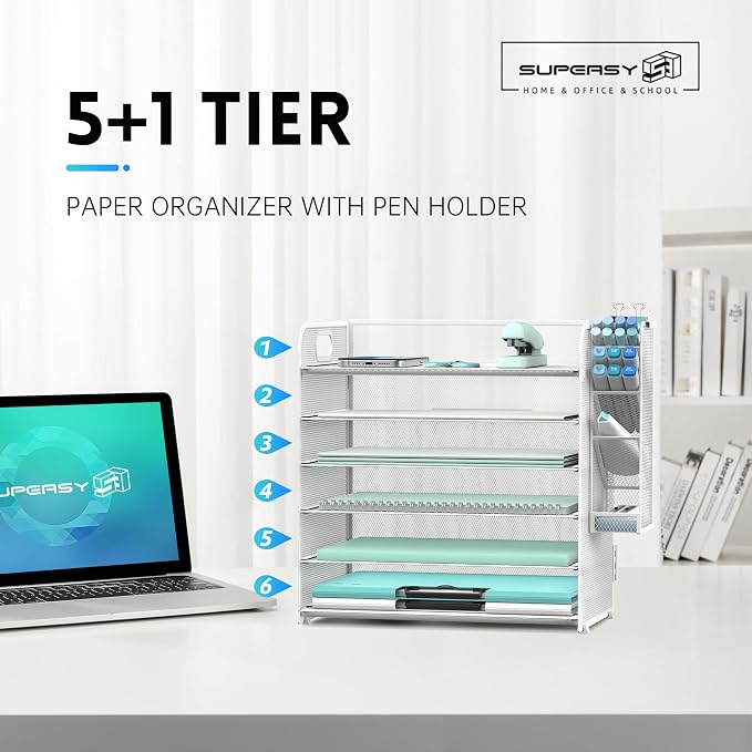 6 Tier Desk Organizer with 4 Pen Holders & Mesh Paper Trays White | 6 Tiers Paper Organizer, File Organizer Letter Tray with Handle for A4 Files, Folders, Mail and Office Supplies