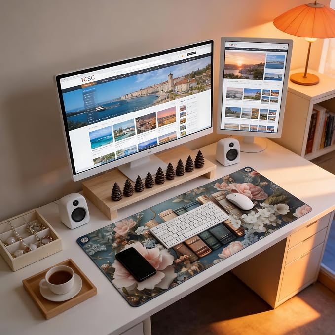 Floral Aesthetic Book Gaming Mouse Pad, Morandi Rococo Desk Mat with Anti-Slip Base & Stitched Edges, Office & Home Desk Decor for Women, 35.4" x 15.7" in Computer Desktop Mat