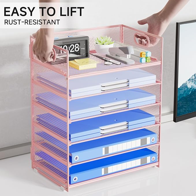 Pink Paper Organizer for Desk with Handle, 6-Tier | Metal Mesh File Organizer, Stackable Desktop Organizer for Office Supplies & Stationery Storage