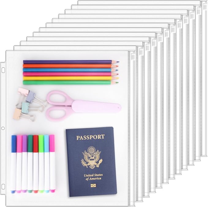 Antner 12 Pack Letter Size Binder Pockets 3 Holes Zipper Binder Folders for 3-Ring Binder, Clear PVC Loose Leaf Bag Binder Pouch Insert Pages Sheet Protectors Waterproof Document Filling Storage Bags
