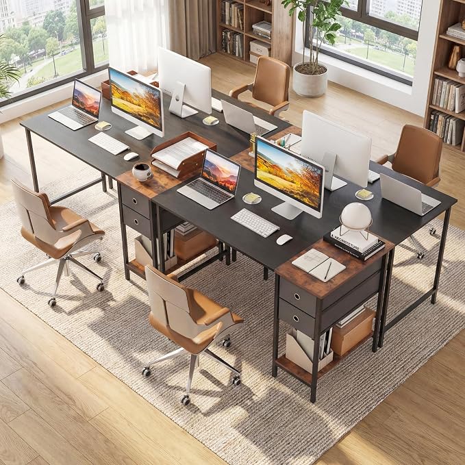 Giantex 48" Computer Desk with 2 Fabric Drawers, Industrial Home Office Desk with Open Storage Shelf, 2-Toned Finish & Metal Frame, Gaming Study Writing Table for Small Space, Bedroom, Black
