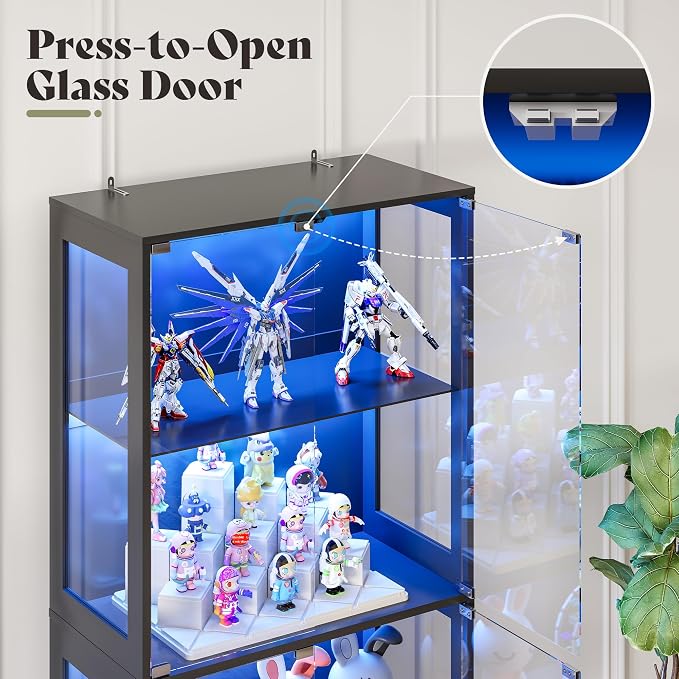 AMERLIFE RGB Display Cabinet, 32 x 16 x 36 Inch | 2-Tier Storage Case with LED Lights, Adjustable Shelves and Press-to-Open Doors, Black