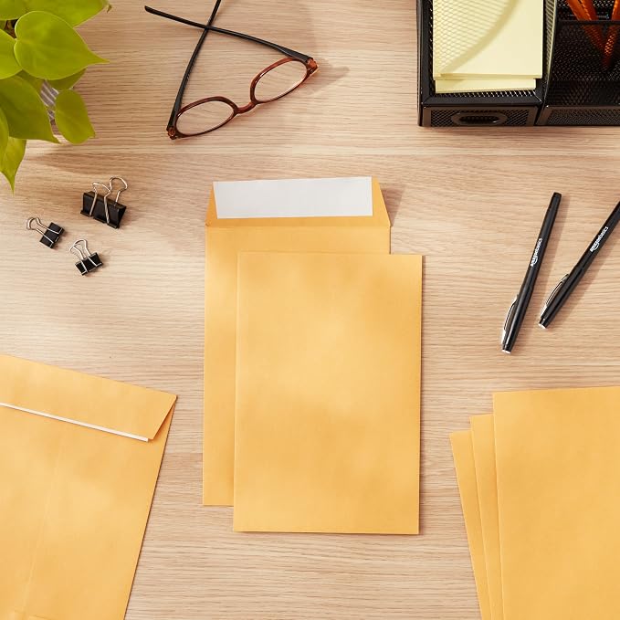 Amazon Basics Self Seal Catalog Envelopes for Business Mailing, Peel and Seal, 6" x 9", Brown Kraft, 100-Pack