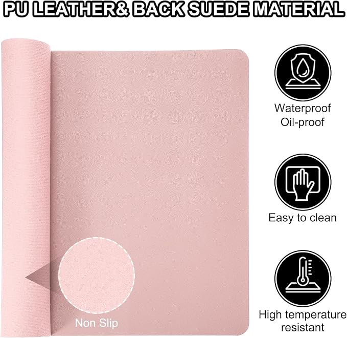 Patikil Desk Mat, 48""x17" Non-Slip Waterproof PU Leather Desk Pad Dual Sided Home Work Study, Light Pink