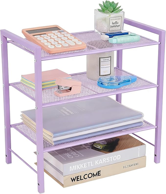 Desktop Shelf Organizer, 3-Tier Desk Organizer, Adjustable Metal Bookshelf for Top of Desk, Office Storage Rack for Office, Home, Dorm and Small Spaces (Purple)