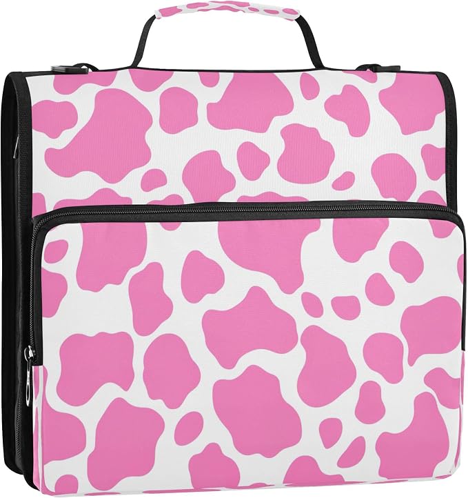 3 Ring Zipper Binder Pink Cow Print Binder Organizer Portfolio with File and Shoulder Strap & Handle Large Capacity File Folder