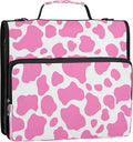 3 Ring Zipper Binder Pink Cow Print Binder Organizer Portfolio with File and Shoulder Strap & Handle Large Capacity File Folder
