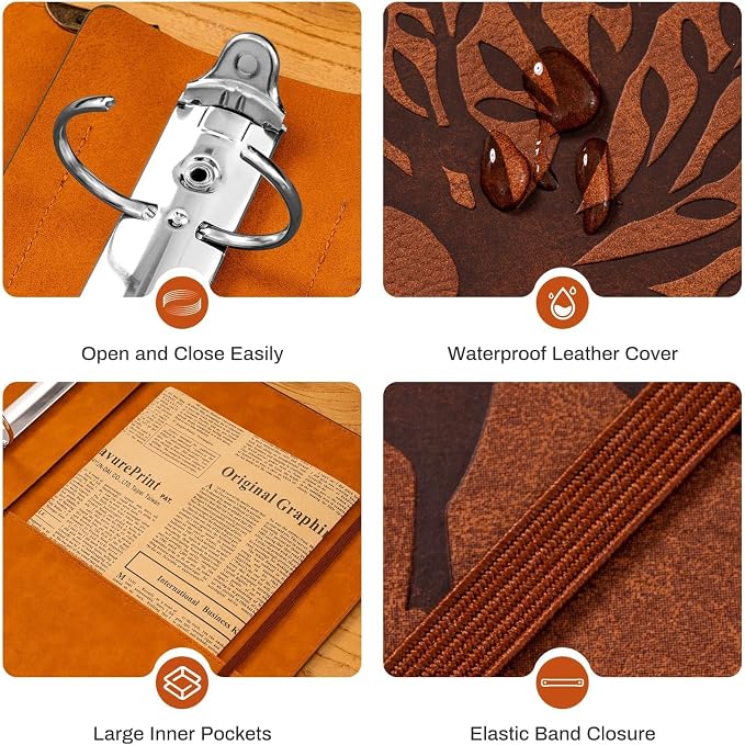 OVESMUSL 2 Pack PU Leather 3 Ring Binder, 2 Inch Brown Tree | Fits 8.5x11 letter paper, holds 500 sheets, loose leaf organizer