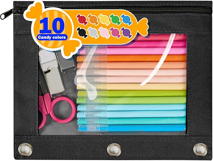 Forvencer Pencil Pouch for 3 Ring Binder, Large Pencil Case Pouch Binder | 3 Reinforced Grommets, Pen Bag, Clear Window Pencil Case, Binder Accessories, Matte Black