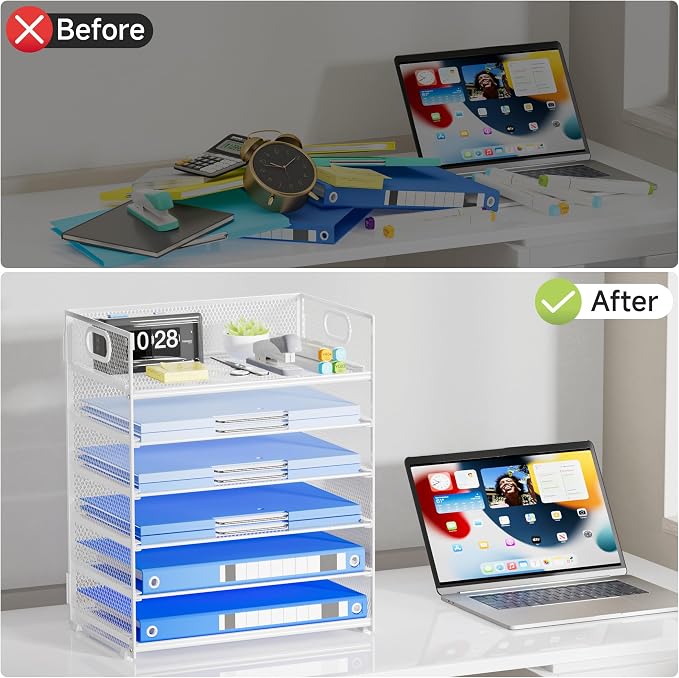 Paper Organizer for Desk with Handle, 6-Tier | Metal Mesh File Organizer, Stackable Letter Tray for Office Documents & Stationery Storage