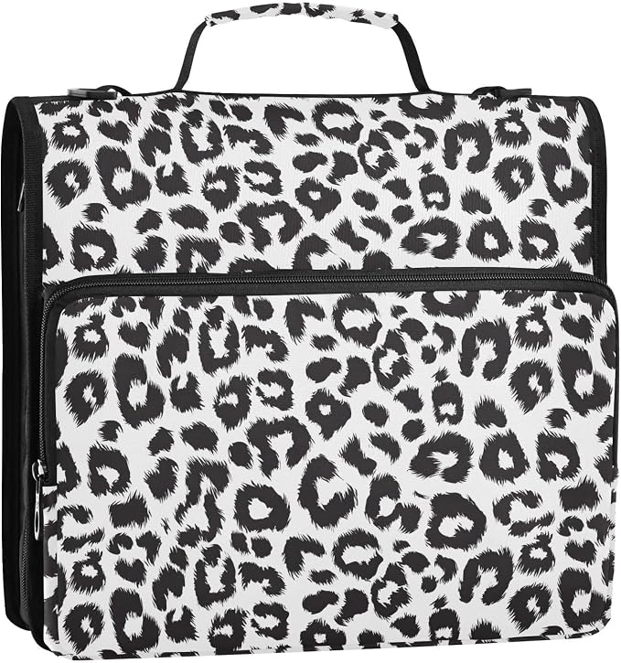 Black and White Leopard Print 3 Ring Binder Bag 1.5 inch Binder Organizer with Zipper Shoulder Strap 500 Sheet Documents Storage for School Office