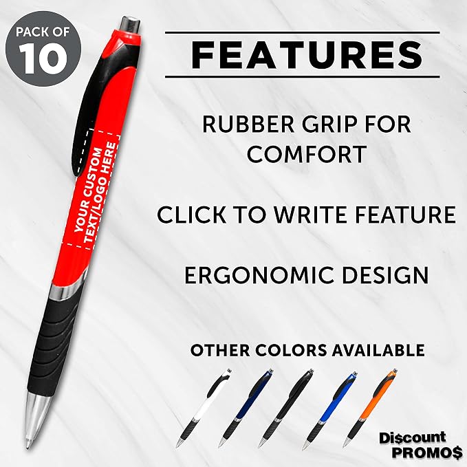 DISCOUNT PROMOS Ballpoint Pens With Rubber Grip - 10 pack - Customizable Text, Logo - Black Ink Ball Point Pen with Soft Touch Plastic - Red