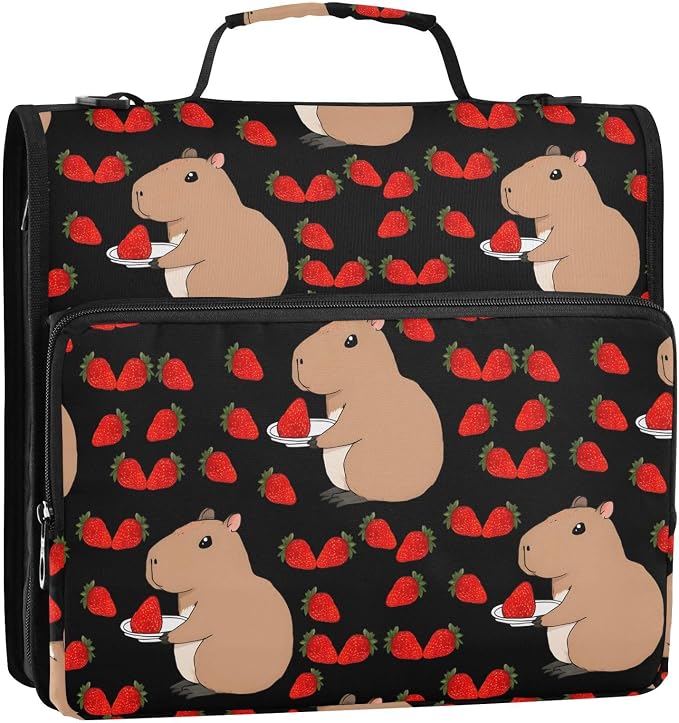 Capybara Strawberry Black 3 Ring Binder Bag 1.5 inch Binder Organizer with Zipper Shoulder Strap 500 Sheet Documents Storage for School Office