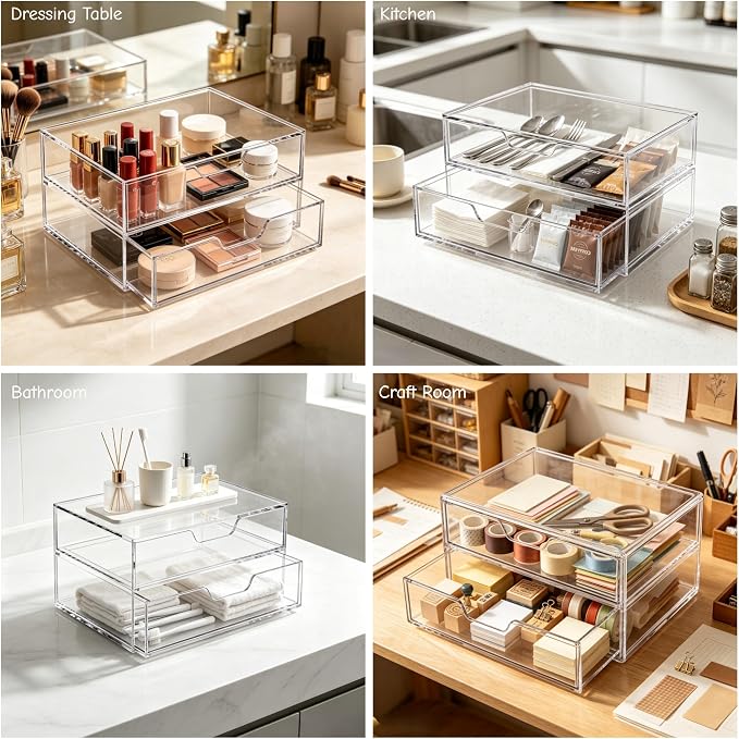 SANRUI 2 Tier Acrylic Desk Organizer with 2-Drawer, Clear File Organizer | 2 Open Drawers, Organize Office Desk Accessories & Sort Pens, Notes, Makeup, Jewelry & Toiletries for Office, Vanity & Bath