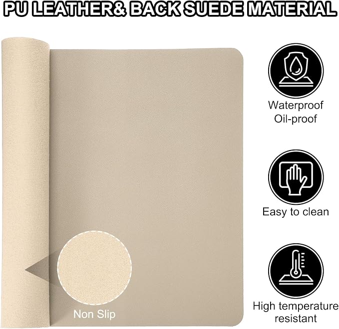 Patikil Desk Pad, 24x13 Non-Slip Waterproof PU Leather Desktop Protector, Dual Sided Home Work Study, Khaki