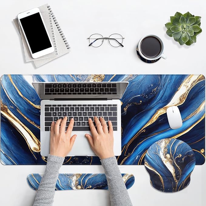 Keyboard Mouse Pad Set, 4 in 1 Desk Mat Set, Marble Blue | Gold Large Mousepad+Keyboard Wrist Rest+Mouse Wrist Rest+Coaster Ergonomic Design for Home Office Computer