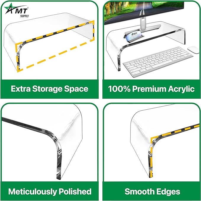 AMT 16 Inch Acrylic Laptop Monitor Stand, Computer Riser with Cat Keyboard Protector, Space-Saving Design, Extra Storage, Clear Shelf - Ideal for Monitors, Laptops, Printers, Desktop Decor