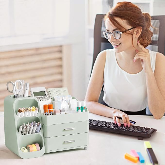 HBlife Desk Organizer with Pen Pencil Holder for Desk, Pen Organizer with 2 Drawers, Desk Organizers and Accessories with 4 Compartments, Desktop Storage for Office Home School Art Supplies, All Green
