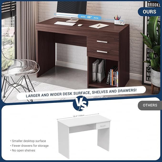 Techni Mobili 48 Inch Modern Compact Computer Desk with Drawers, Espresso | 48 Inch modern desk with storage drawers, sturdy frame, compact design, ideal for bedrooms and home office workspaces