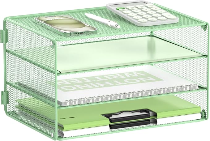 DALTACK 3 Tier Letter Tray Paper Organizer with Sliding Trays Mint Green | Metal Mesh File Organizer with Sliding Trays for Letter and A4 Paper, Mail, Bills, Folders and Office Documents