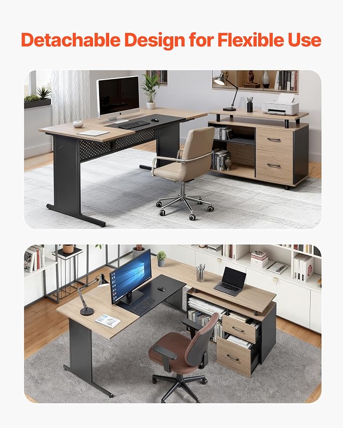 VEVOR 63" L-Shaped Executive Desk, Large Office Desk with Drawers, File Storage Cabinet, Detachable 350 LBS Load Capacity Corner Table, Easy Assembly, Business Furniture Workstation for Home Office