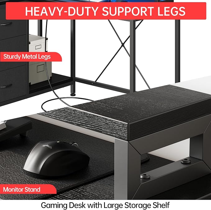 Hetoy L-Shaped Gaming Desk with Power Outlets, Corner Desk with Drawers, Shelves & LED Lights, Computer Desk for Home & Office