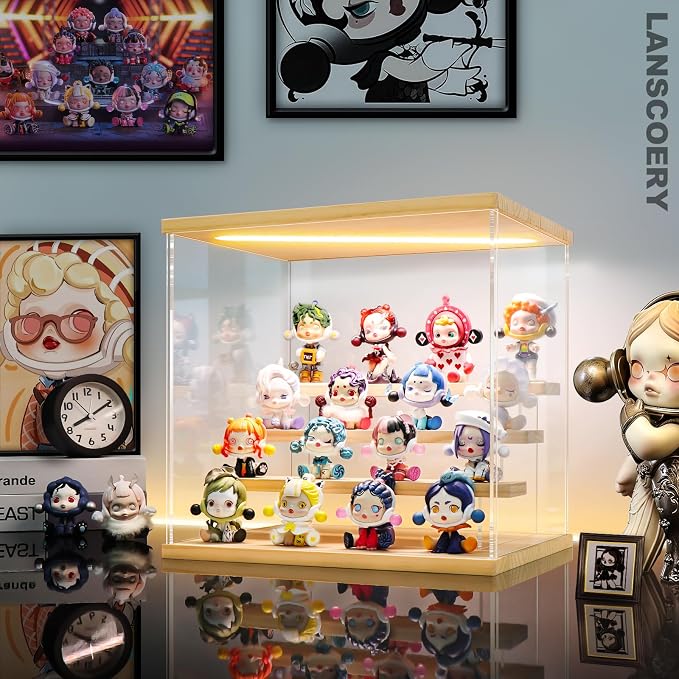 LANSCOERY Acrylic Display Case for Collectibles, 4-Tier LED Light, Wood | 3mm clear acrylic panels with front door access and tri-color top light for small figures on a desk or shelf.
