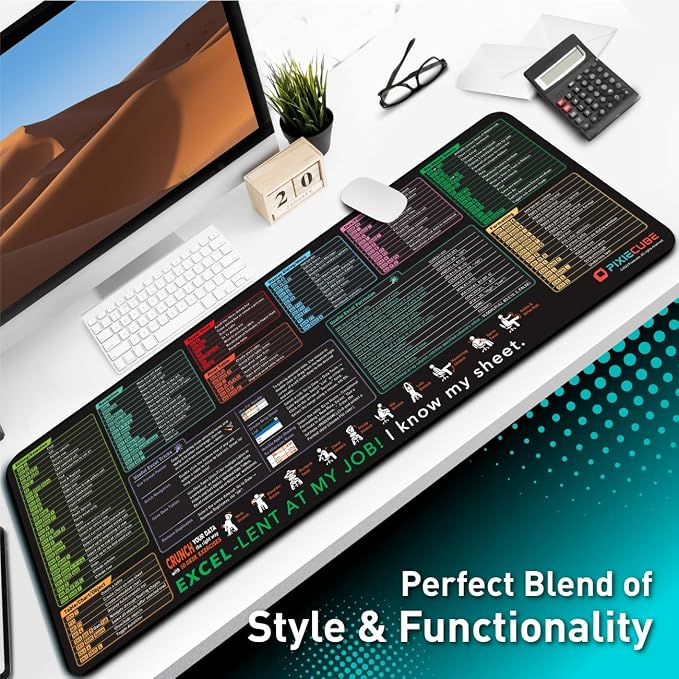 Pixiecube Excel Cheat Sheet Desk Pad | Excel Shortcut Keys Mouse Pad | Extended Large XL Gaming Mousepad | PC Office Spreadsheet Keyboard Mat | Non-Slip Stitched Edge