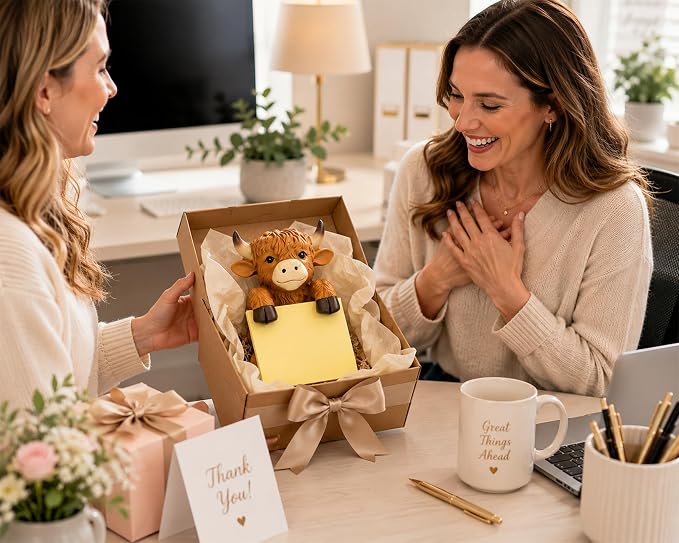 Highland Cow Pop-Up Sticky Note Dispenser for 3 x 3 in Notes, Brown | Includes 100 sheets, handmade resin desk decor for office, home or classroom, gift for teachers, coworkers and cow lovers