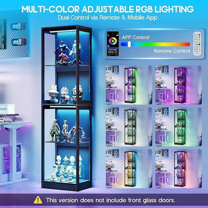 AMERLIFE 16-Inch RGB Display Cabinet | 70 H x 16 W x 16 D In, 4-Tier Storage, Adjustable Shelves, RGB LED Lights, for Collectibles, Black