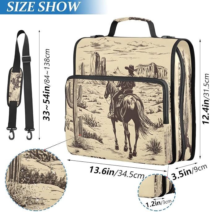 ATTX Desert Cowboy Zipper Binder with Adjustable Padded Strap - 3 Ring 500 Sheet Capacity Binder Bag with Multi-Pocket Organizer, Fits 12 Inch Laptop