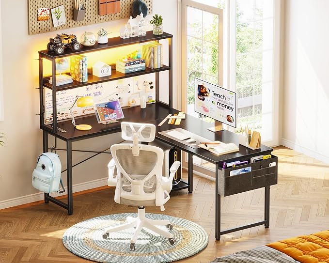 AODK L Shaped Desk Gaming Desk with LED Light & Power Outlet | 53 Inch Black Reversible L Shaped Computer Table with Shelf & Storage Bag & Hook for Home Office