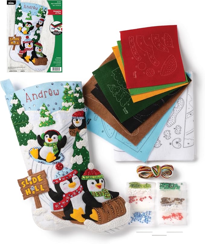 Bucilla Felt Applique 18" Stocking Making Kit, Penguins at Play, Perfect for DIY Arts and Crafts, 89481E