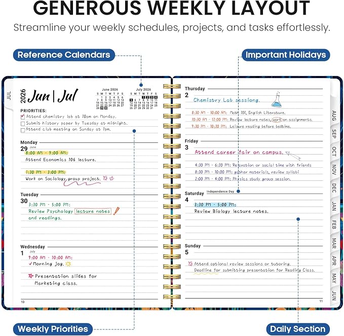 Planner 2026-2027, Monthly & Weekly Jul 2026-Jun 2027 Academic Planner | 6.3" x 8.5", Hardcover Spiral Calendar Planner with Tabs, School & Daily Agenda for Women, Students, Teachers, Star Fields