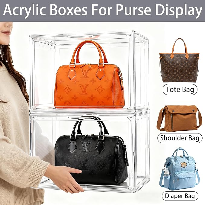 5 Pack XXX-Large Acrylic Purse Organizer for Closet,17.3x13x13''Clear Case | Clear Bag Handbag Storage Box with Magnetic Lid,Plastic Storage Bins for Helmet,Tall Boots,Large Figure Collectibles