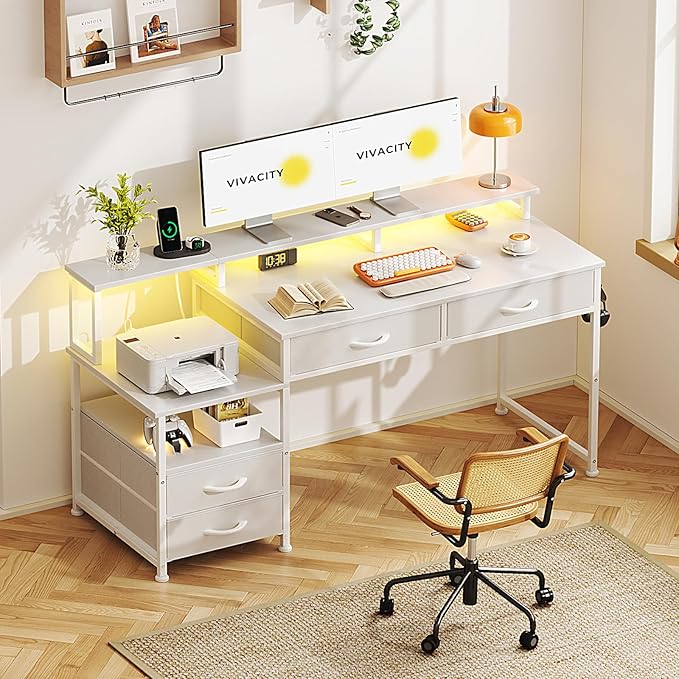MUTUN 53" Computer Desk with 4 Drawers & Power Outlets, Reversible Home Office Desk with Monitor Stand & Printer Stand, Gaming Desk with Led Lights, Study Writing Work Desk Table for Bedroom (White)