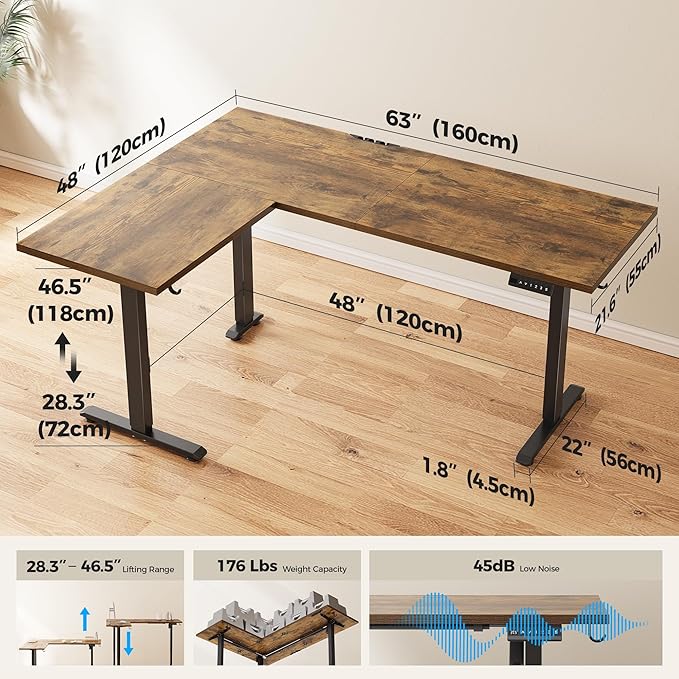 Agilestic L Shaped Standing Desk 63 inch Adjustable Height, Electric Corner Standing Desk, Sit Stand Computer Table with Splice Board, Rustic Brown | Corner Desk, Ample Workspace, Memory Presets, Hooks, Stable Steel Frame,176 lbs Capacity, Easy Assembl...