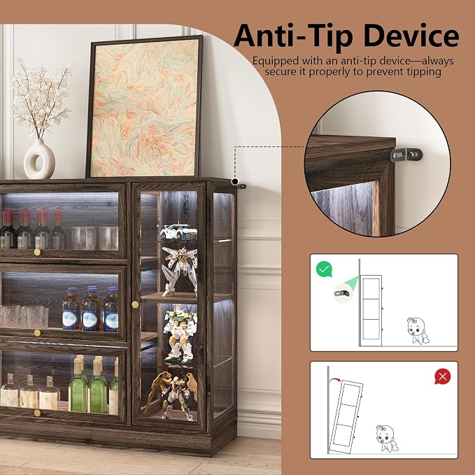 Display Cabinet with Acrylic Glass Doors,Extra Wide Curio Cabinet with LED Lighting for Collectibles, Collectibles Toy Organizers Rack & Display Shelf Display Case, Walnut