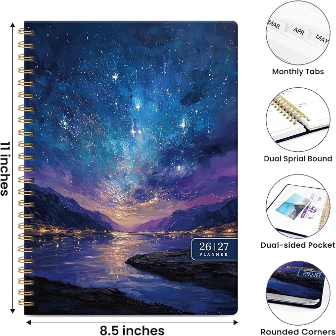 Planner 2026-2027, Academic Year Monthly & Weekly Planner Caledndar, July 2026 - June 2027, Hardcover Large Planning Agenda Book with Tabs for School Office Supplies, 8.5" x 11" - Starlit Waters