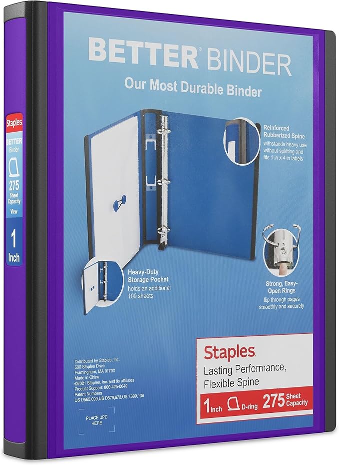 Staples 1-Inch 3-Ring Better Binder, Durable View Binder for Office & School Organization, Purple, 3-Pack