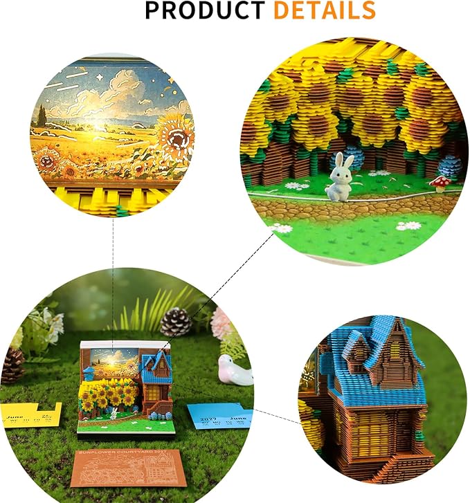 3D Time Piece Calendar, 2027 Desk Calendar With LED Light, 3d Tree Memo Pad Creative Desk Calendar, Christmas Gift for Colleague Friend, Desktop Decoration (Sunflower Yard)